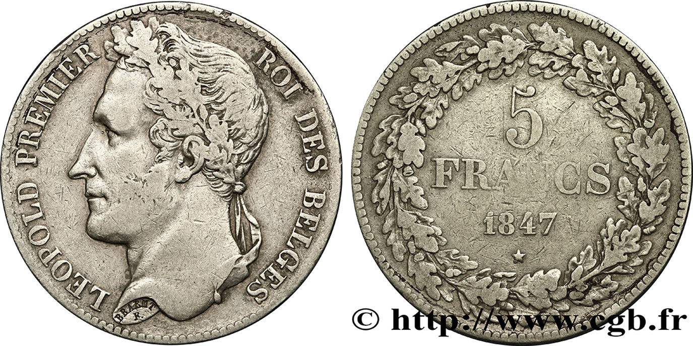 BELGIUM 5 Francs Léopold Ier tête laurée 1847  VF/XF 