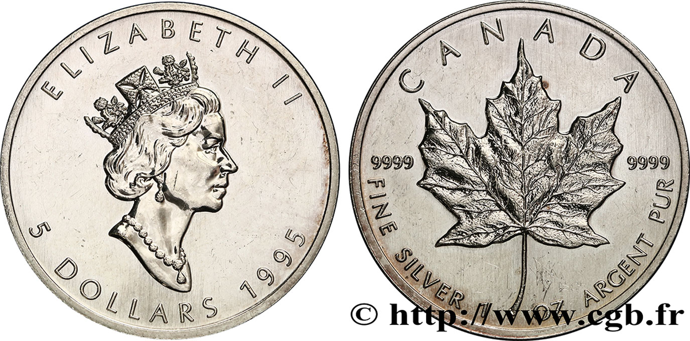CANADA 5 Dollars (1 once) Proof feuille d’érable / Elisabeth II 1995  SUP 