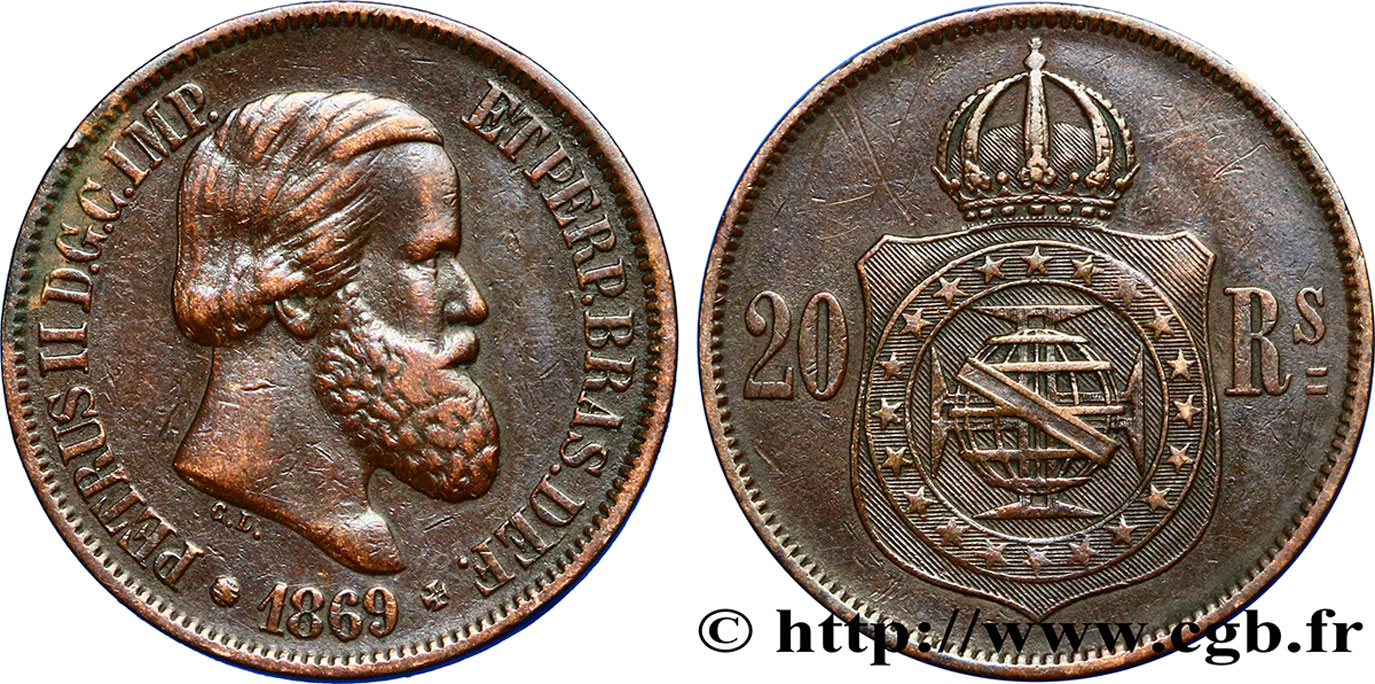 BRÉSIL 20 Réis Empereur Pierre II 1869  TTB 