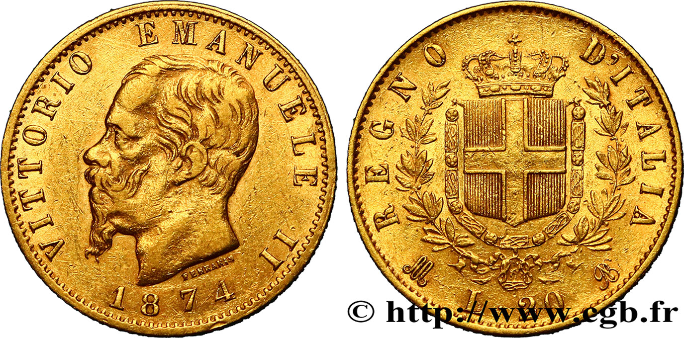 ITALY 20 Lire Victor Emmanuel II 1874 Milan XF/AU 
