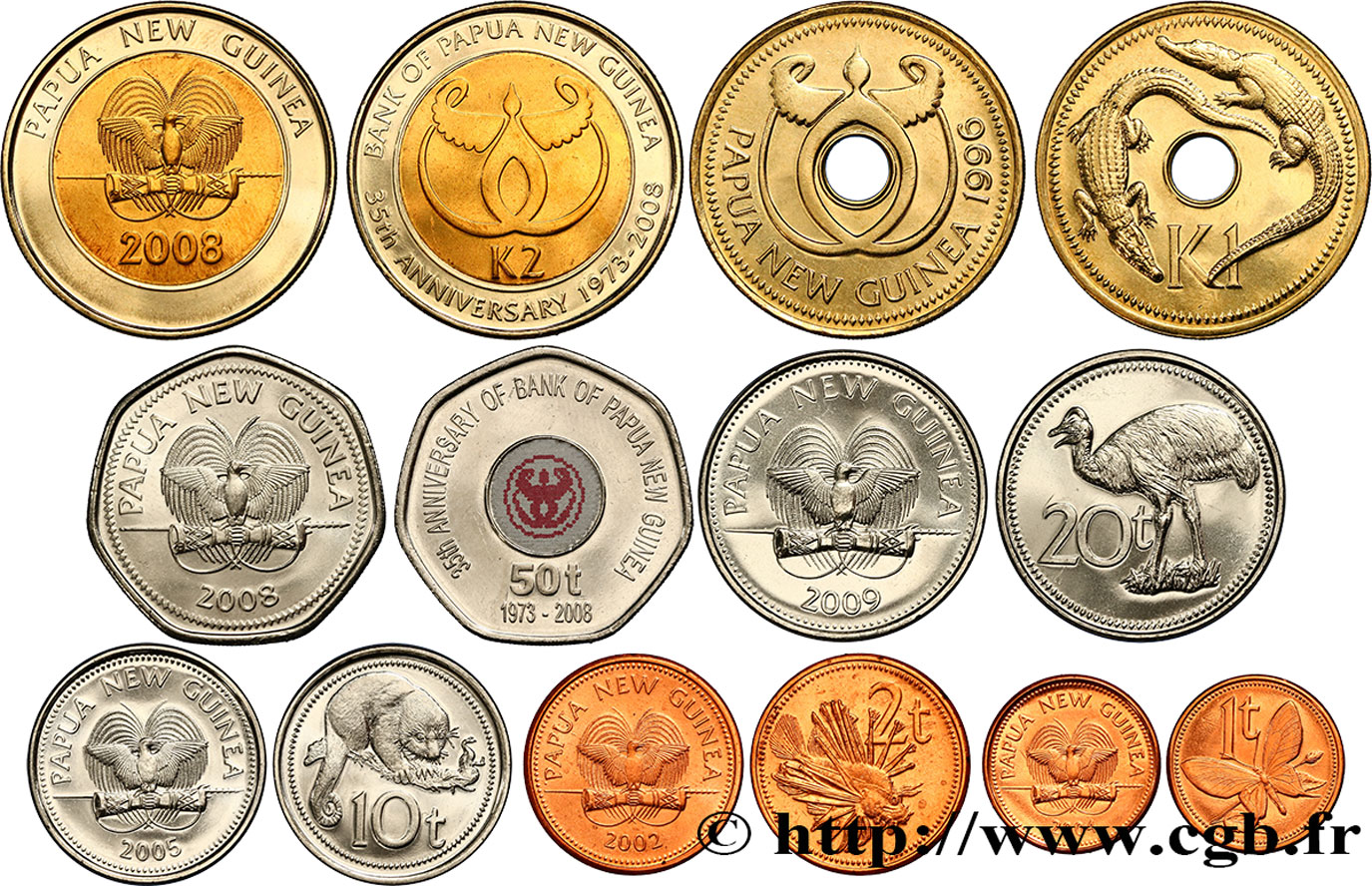 PAPUA NEW GUINEA Lot de 8 monnaies 1, 2, 5, 10, 20 et 50 Toea, 1 & 2 Kina 1996-2009  MS 
