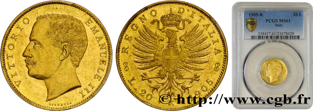ITALY - KINGDOM OF ITALY - VICTOR-EMMANUEL III 20 Lire 1905 Rome MS61 PCGS