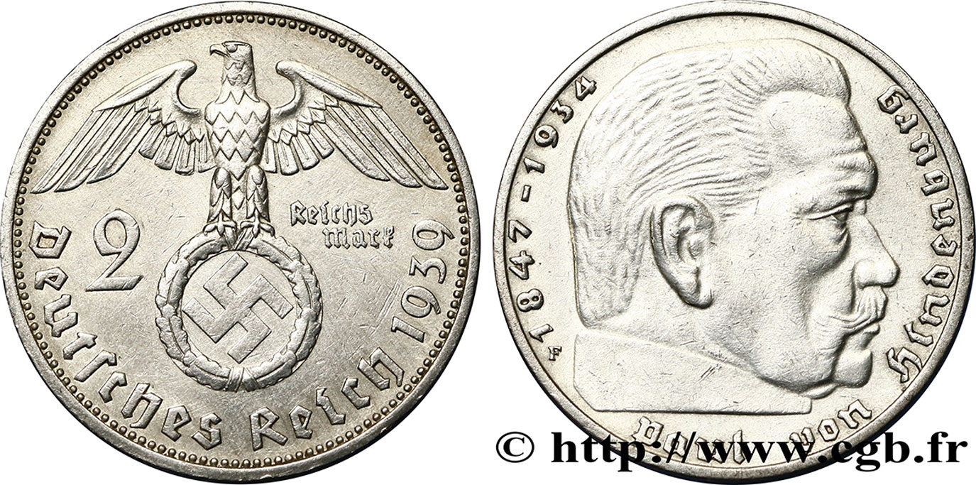 ALLEMAGNE 2 Reichsmark aigle surmontant une swastika / Maréchal Paul von Hindenburg 1939 Stuttgart - F TTB+ 
