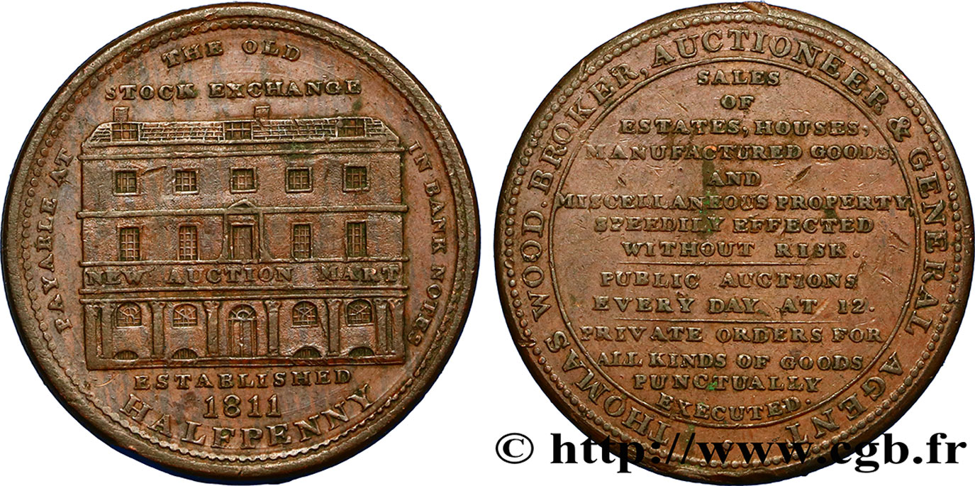 ROYAUME-UNI (TOKENS) 1/2 Penny Londres (Middlesex) : Thomas Wood agent de change / bourse de Londres 1811  SUP 