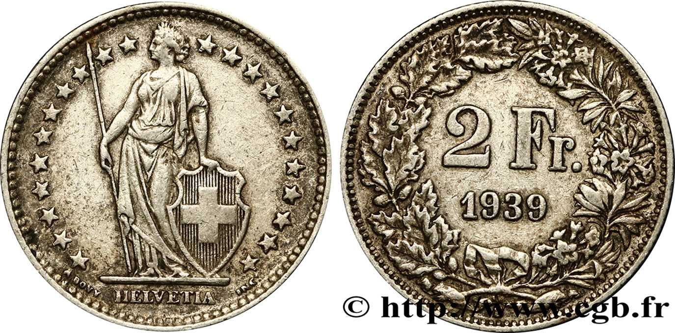 SUISSE 2 Francs Helvetia 1939 Berne - B TTB+ 