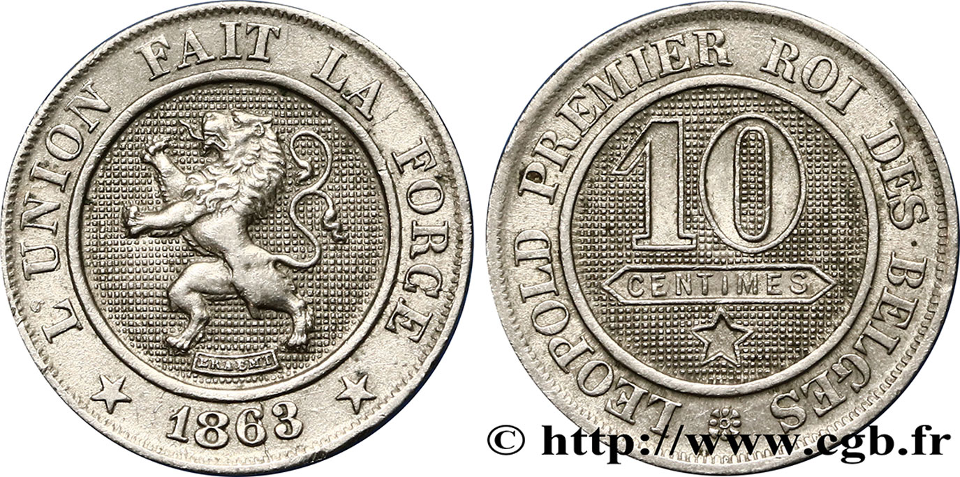 BELGIQUE 10 Centimes lion 1863  TTB+ 