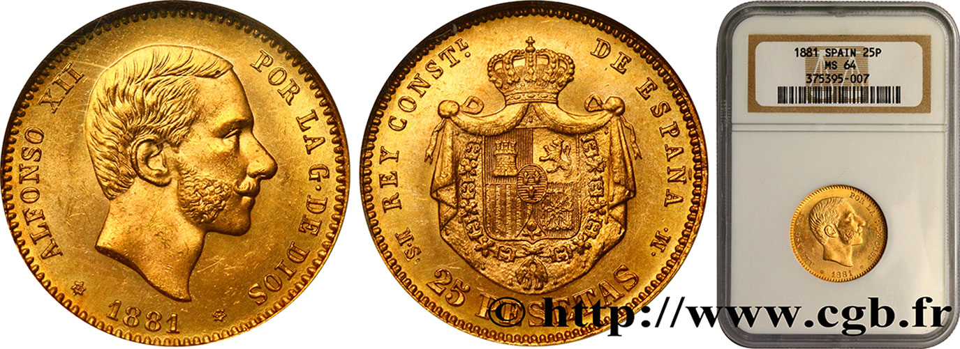 SPAIN - KINGDOM OF SPAIN - ALFONSO XII 25 Pesetas 1881 Madrid MS64 NGC