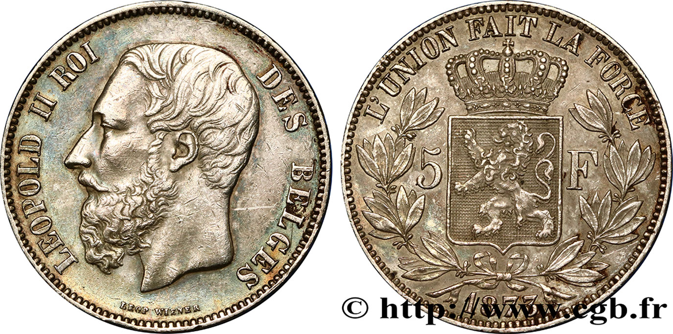 BELGIQUE 5 Francs Léopold II 1873  TTB/TTB+ 