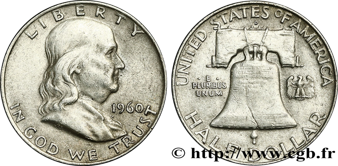 ÉTATS-UNIS D AMÉRIQUE 1/2 Dollar Benjamin Franklin 1960 Denver TTB+ 