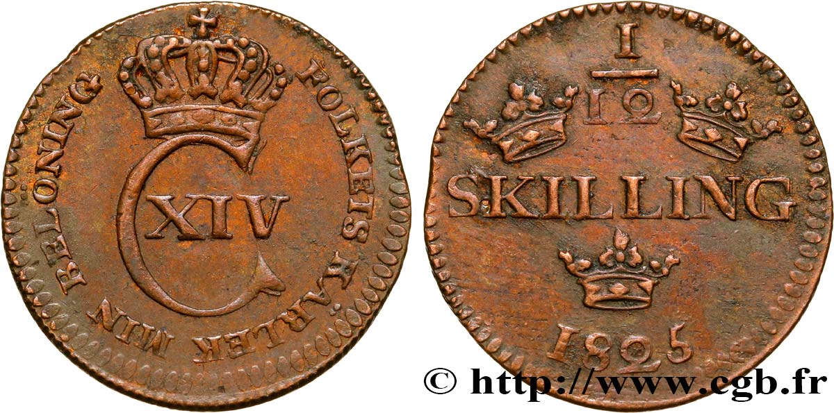 SWEDEN 1/12 Skilling Charles XIV 1825  AU 