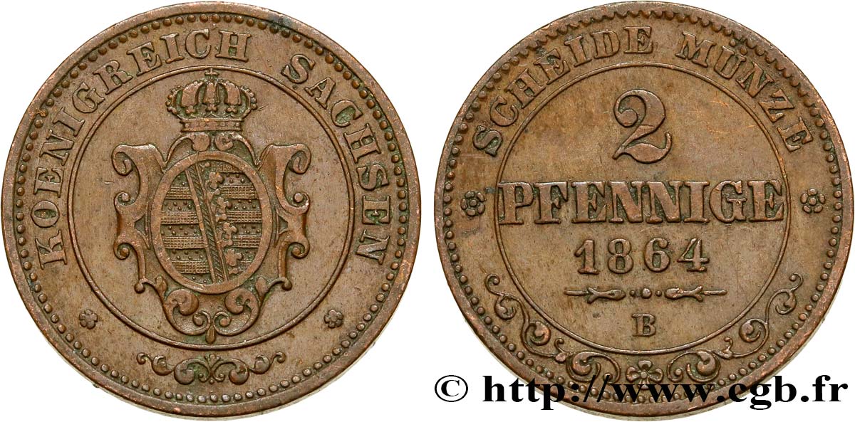 ALLEMAGNE - SAXE 2 Pfennige Royaume de Saxe, blason 1864 Dresde SUP 