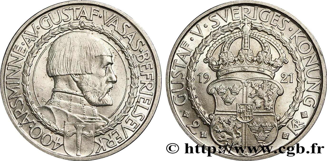 SUÈDE 2 Kronor Gustave Vasa 400e anniversaire de la liberté politique 1921  SPL 