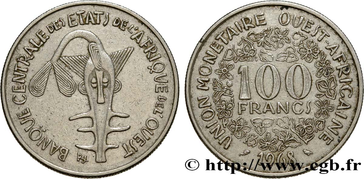 ÉTATS DE L AFRIQUE DE L OUEST (BCEAO) 100 Francs BCEAO masque 1968 Paris TTB 