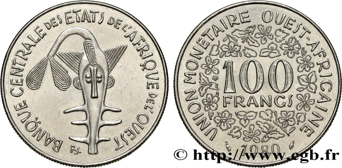 ESTADOS DE ÁFRICA DEL OESTE 100 Francs BCEAO masque 1980 Paris EBC 