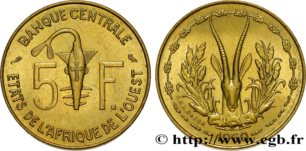ÉTATS DE L AFRIQUE DE L OUEST (BCEAO) 5 Francs masque / antilope 1960 Paris SPL 
