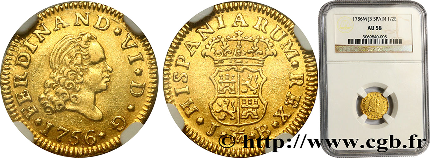 SPAIN - FERDINAND VI 1/2 Escudo 1756 Madrid  AU58 NGC