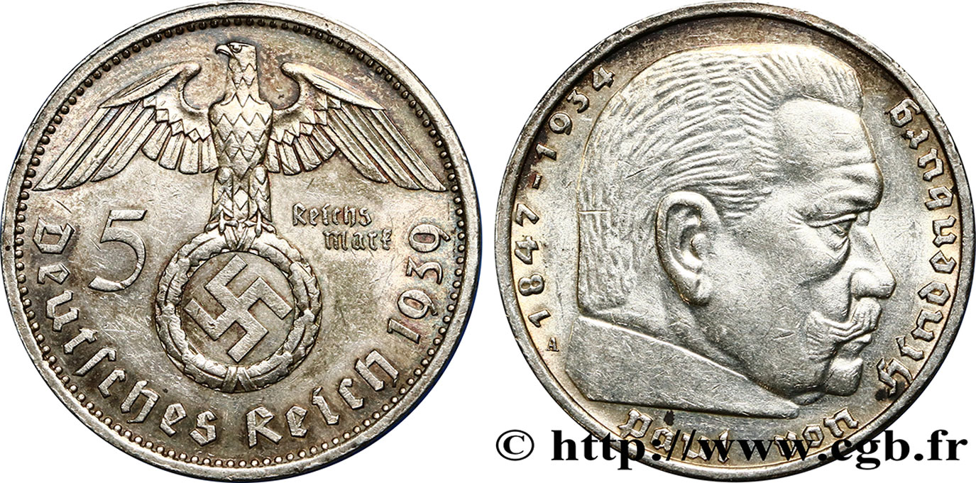 ALLEMAGNE 5 Reichsmark aigle / Maréchal Paul von Hindenburg 1939 Berlin TTB 