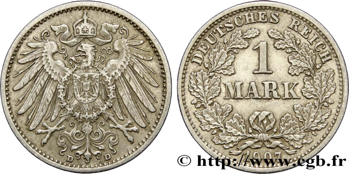 DEUTSCHLAND 1 Mark Empire aigle impérial 2e type 1907 Munich - D SS 