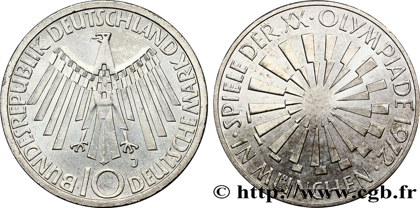 ALLEMAGNE 10 Mark XXe J.O. Munich / aigle type “IN DEUTSCHLAND” 1972 Hambourg SUP 