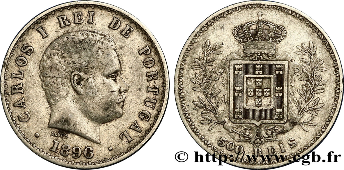 PORTUGAL 500 Reis Charles Ier 1896  XF 