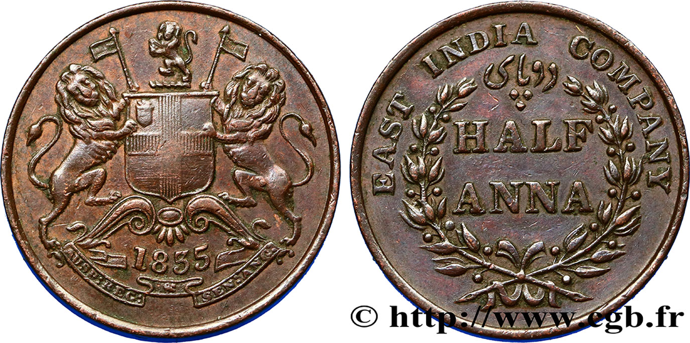 INDES BRITANNIQUES 1/2 Anna East India Company 1835 Madras TTB 