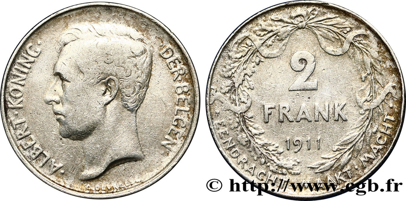 BELGIQUE 2 Francs Albert Ier légende flamande 1911  TB+ 