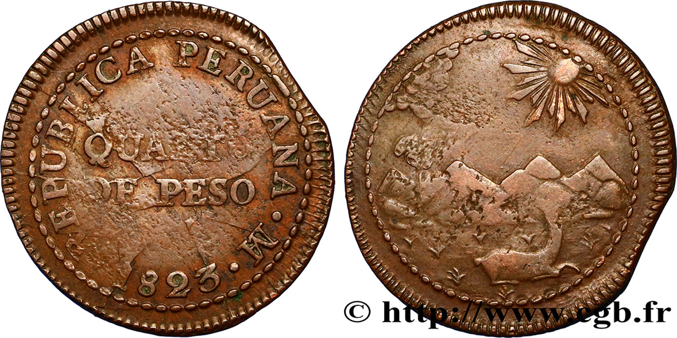 PÉROU 1/4 Peso monnayage provisoire républicain 1823 Lima TTB 