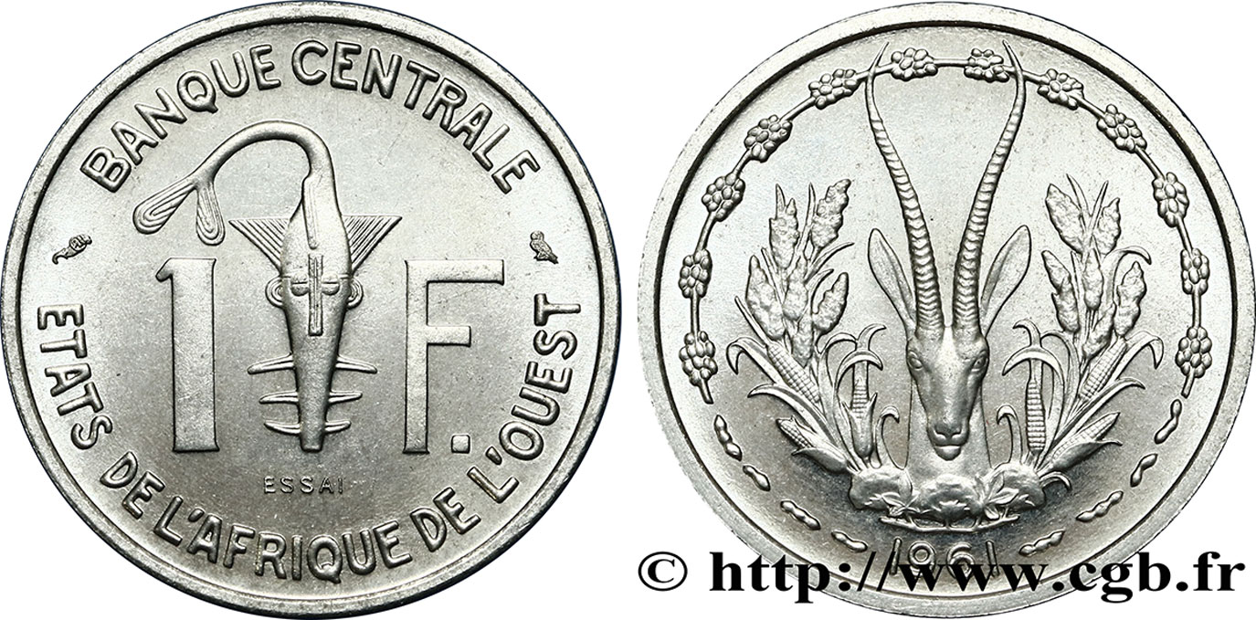 ÉTATS DE L AFRIQUE DE L OUEST (BCEAO) Essai de 1 Franc masque / antilope 1961 Paris FDC 