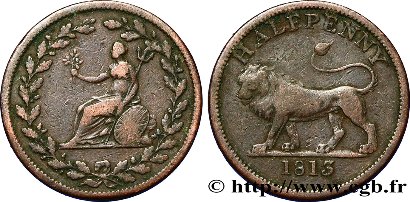 ROYAUME-UNI (TOKENS) 1/2 Penny lion / allégorie du commerce, diamètre 29 mm 1813  TB+ 