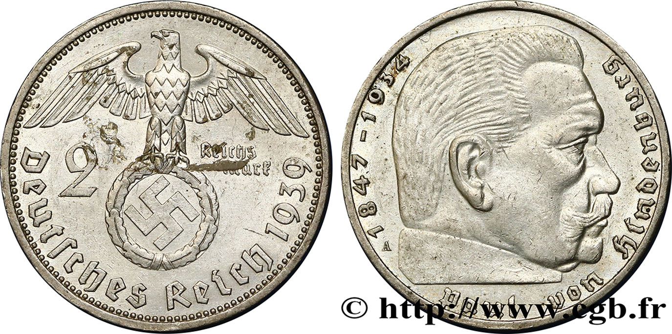 ALLEMAGNE 2 Reichsmark aigle surmontant une swastika / Maréchal Paul von Hindenburg 1939 Berlin SUP 