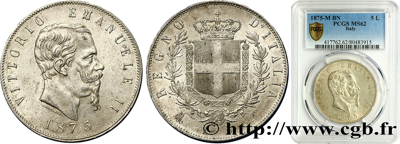 ITALY - KINGDOM OF ITALY - VICTOR-EMMANUEL II 5 Lire  1875 Milan MS62 PCGS