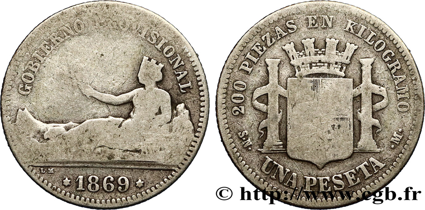 ESPAGNE 1 Peseta monnayage provisoire (1869) avec mention “Gobierno Provisional” 1869 Madrid B+ 