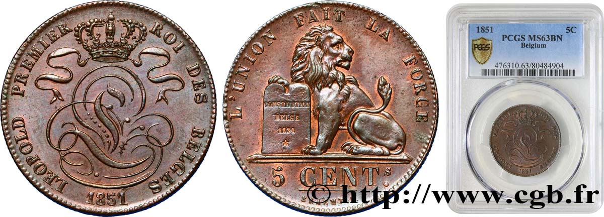 BELGIUM - KINGDOM OF BELGIUM - LEOPOLD I 5 Centimes 1851  MS63 PCGS