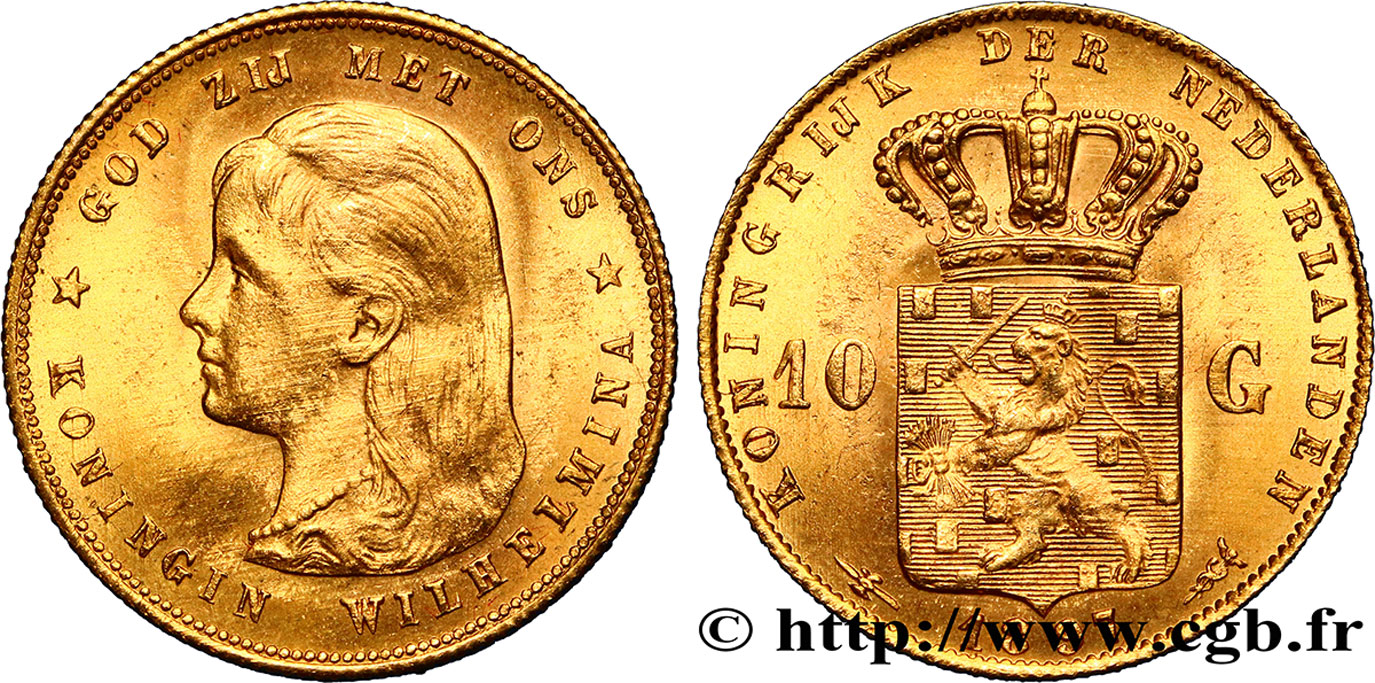 PAYS-BAS 10 Gulden or Reine Wilhelmina 1897 Utrecht SPL 