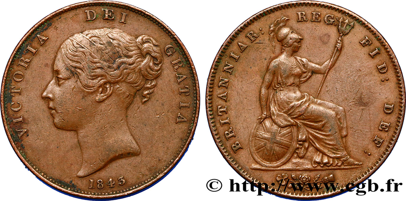 ROYAUME-UNI 1 Penny Victoria “tête jeune” 1843  TTB 