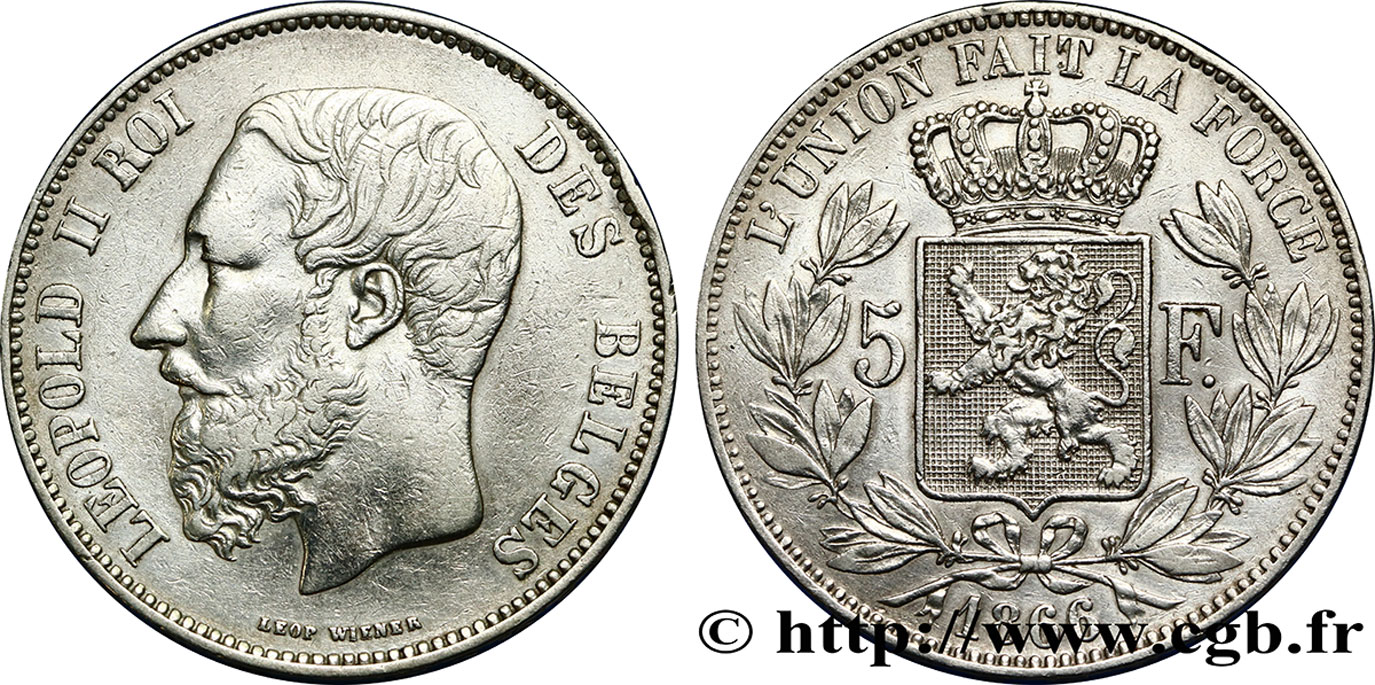 BELGIQUE 5 Francs Léopold II 1866  TB+/TTB 