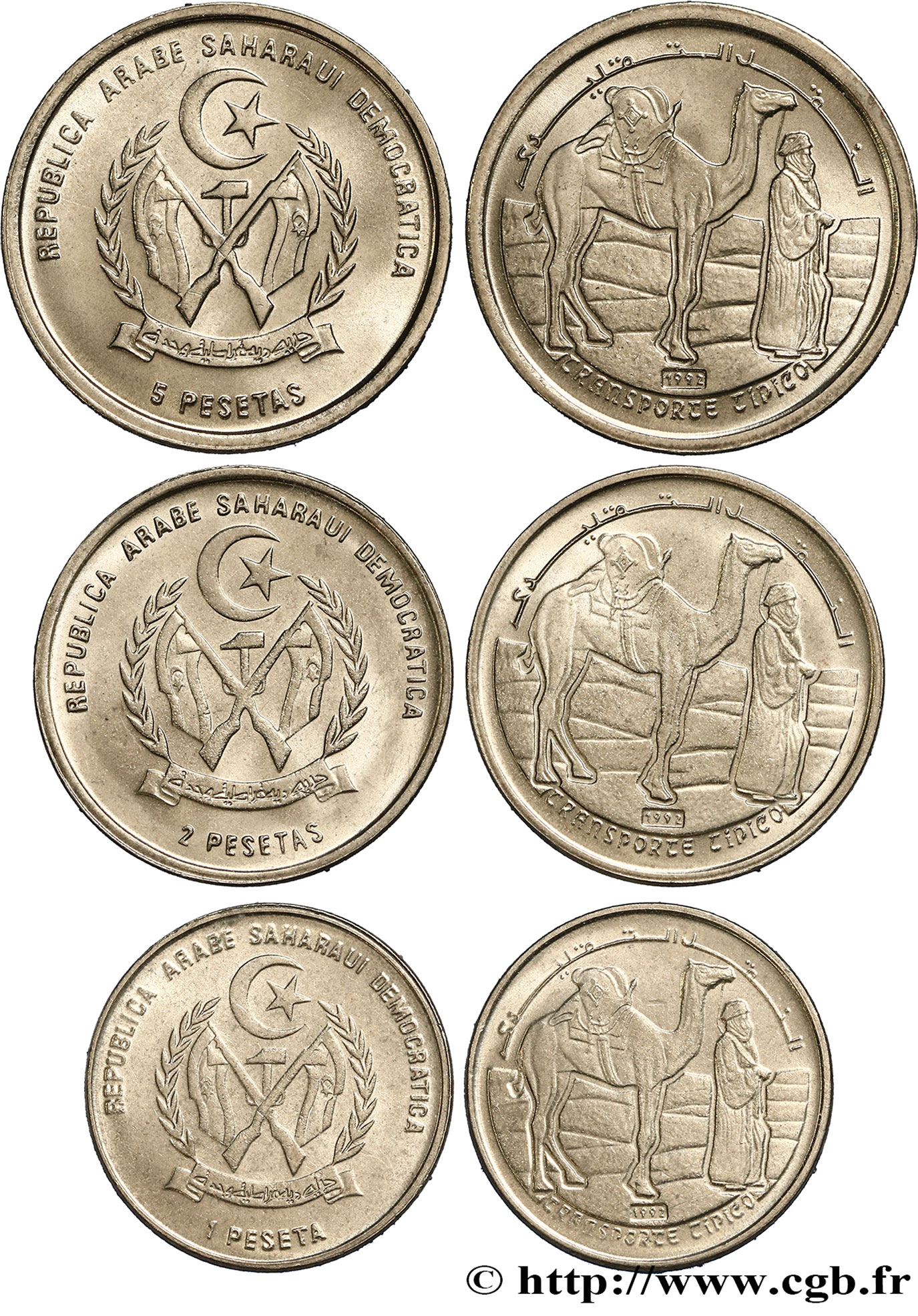 WESTERN SAHARA Lot de trois monnaies de 1, 2 et 5 Pesetas 1992  MS 