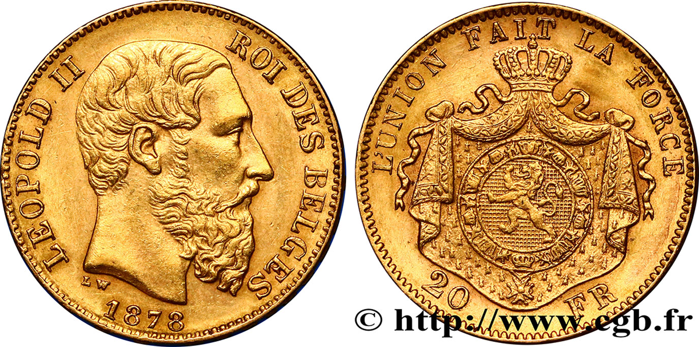 BELGIQUE 20 Francs or Léopold II 1878 Bruxelles TTB+ 