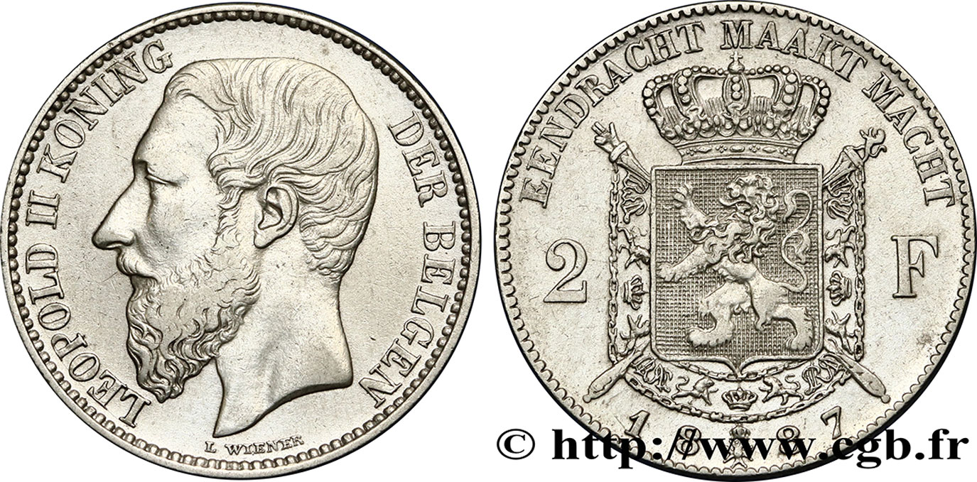 BELGIQUE 2 Francs Léopold II légende flamande 1887  TTB/TTB+ 