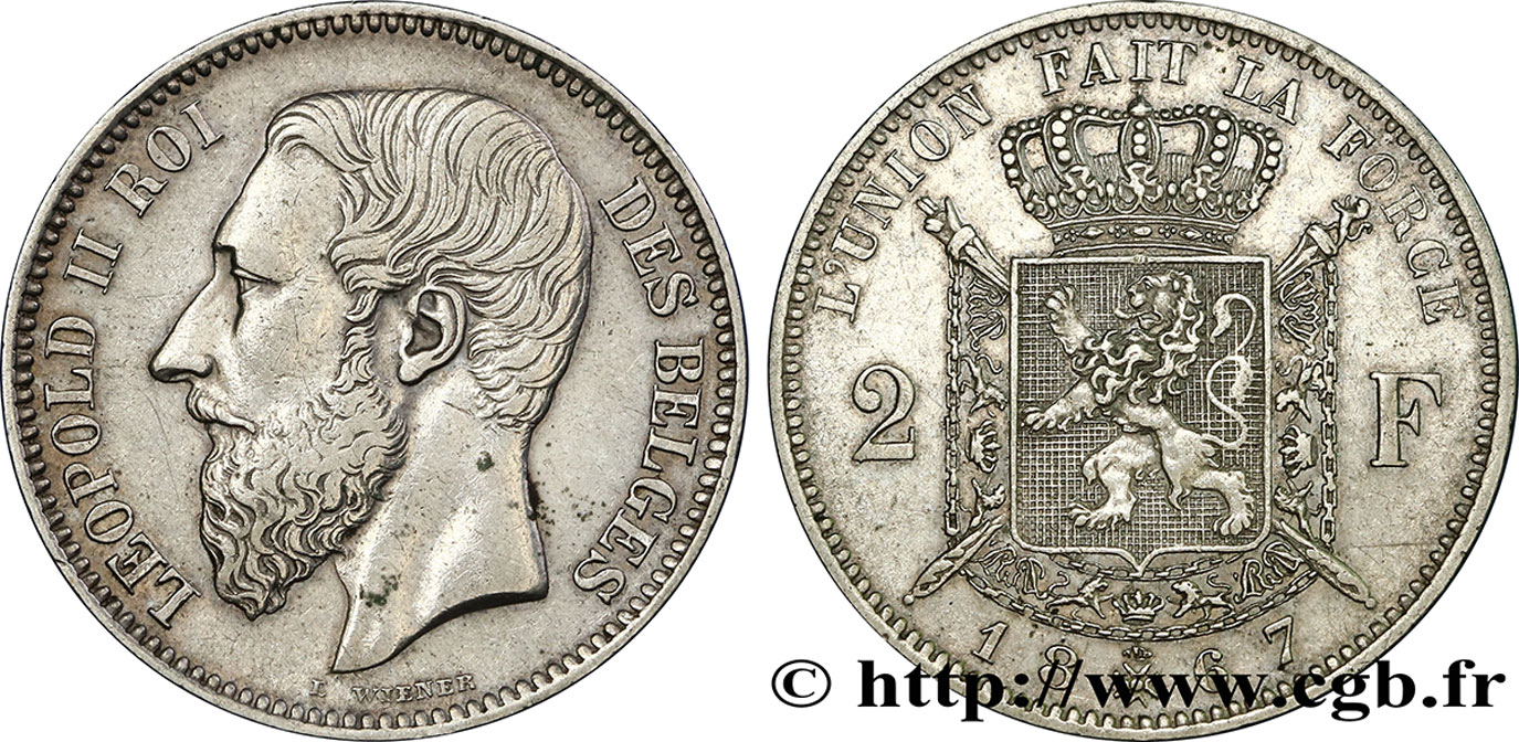 BELGIQUE 2 Francs Léopold II légende française 1867  TTB/TTB+ 