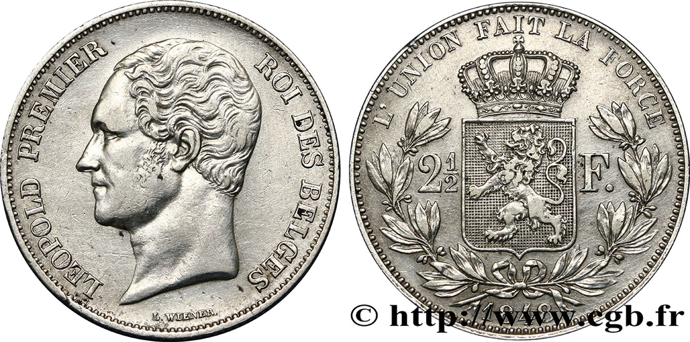 BELGIQUE 2 1/2 Francs petite tête nue Léopold Ier 1848 Bruxelles TTB/TTB+ 