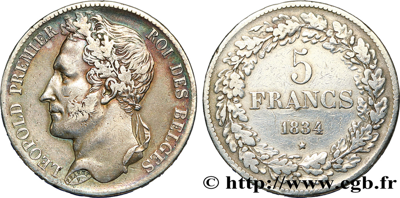BELGIQUE 5 Francs Léopold Ier tête laurée 1834  TB+ 