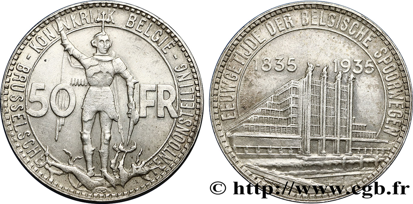 BELGIQUE 50 Francs Exposition de Bruxelles et centenaire des chemins de fer belge, légende flamande 1935  SUP 