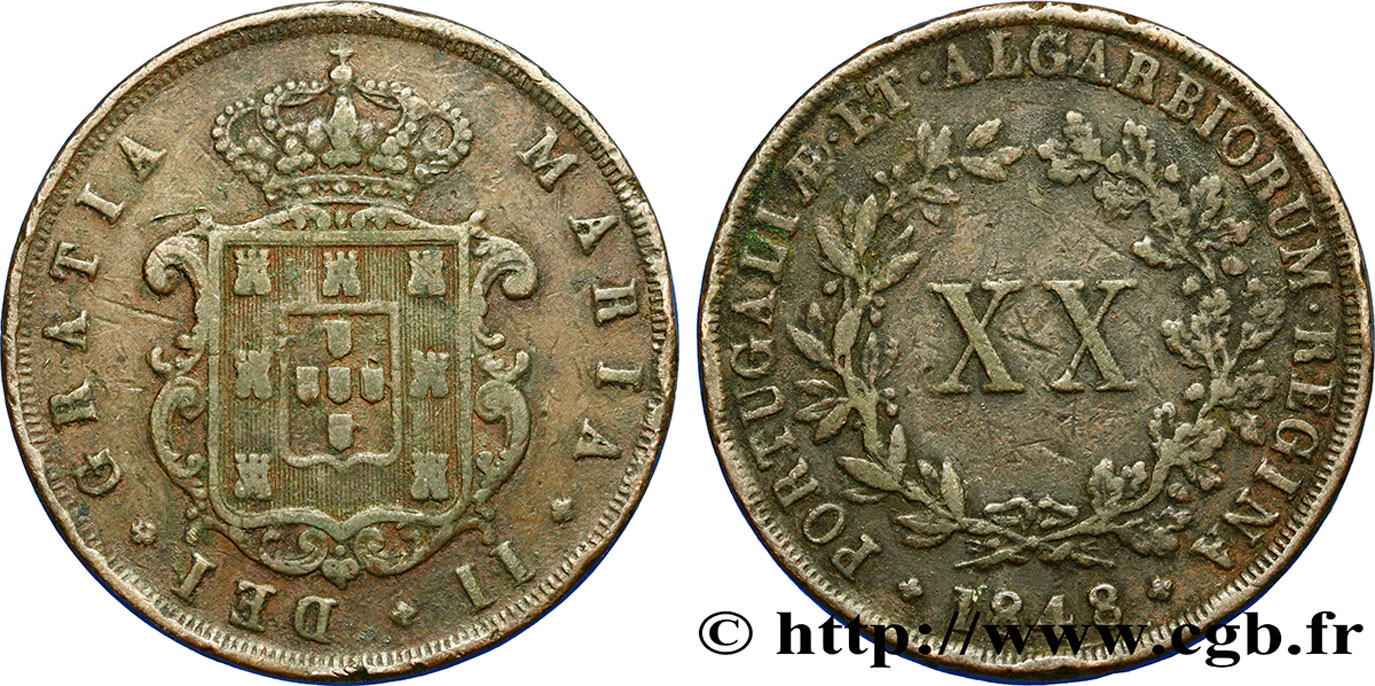 PORTUGAL 20 Réis Marie II 1848  TB+ 