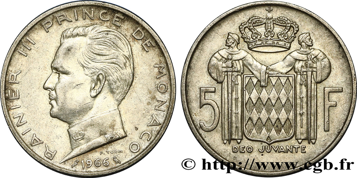 MONACO 5 Francs Prince Rainier III 1966 Paris TTB+ 