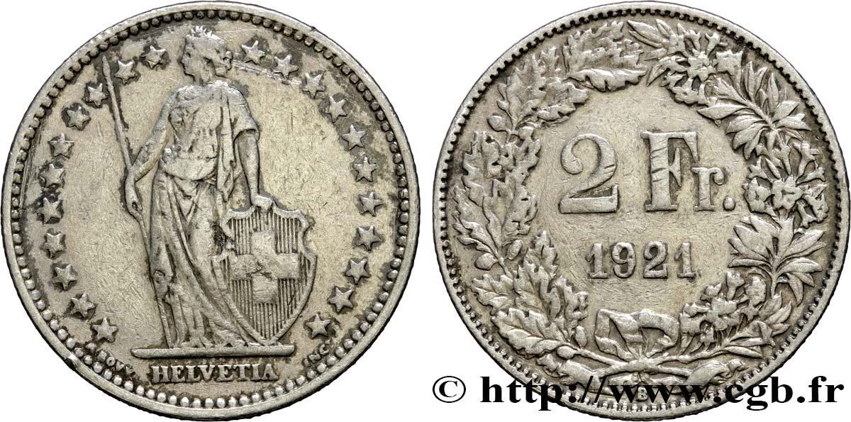 SVIZZERA  2 Francs Helvetia 1921 Berne - B MB 