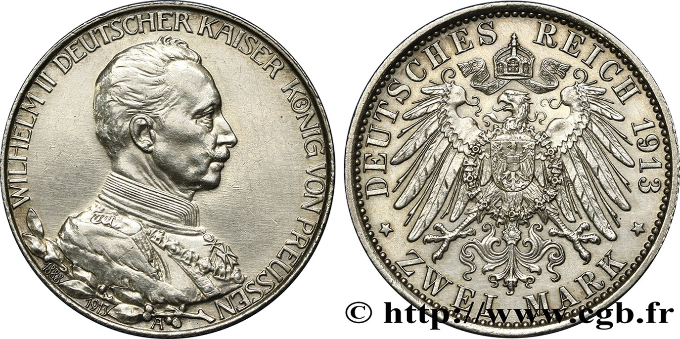 ALLEMAGNE - PRUSSE 2 Mark 25e anniversaire de règne de Guillaume II 1913 Berlin SUP/SPL 