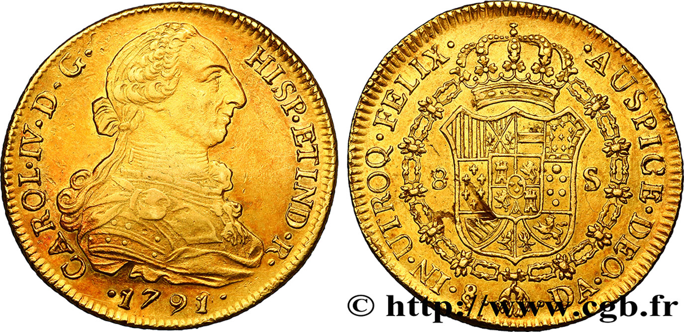 CHILI 8 Escudos Charles IV 1791 Santiago TTB/SUP 