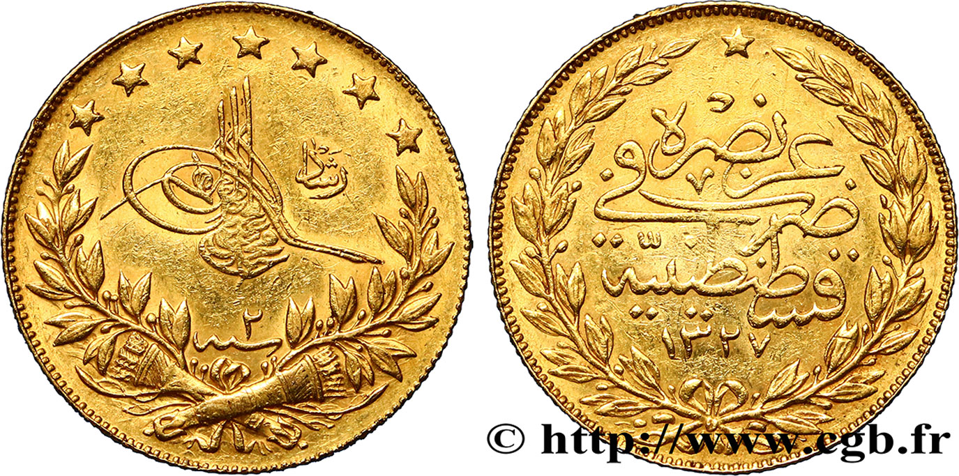 TÜRKEI 100 Kurush or Sultan Mohammed V Resat AH 1327 An 2 1910 Constantinople fVZ 