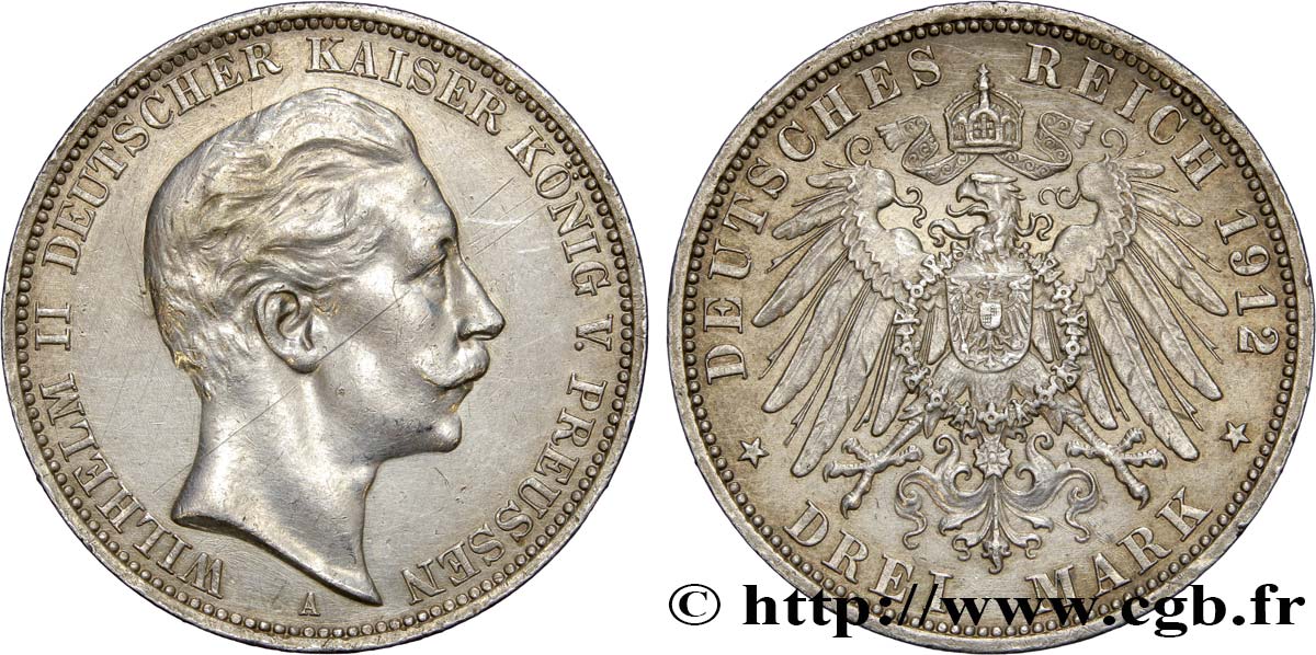 ALLEMAGNE - PRUSSE 3 Mark Guillaume II  1912 Berlin TTB+ 